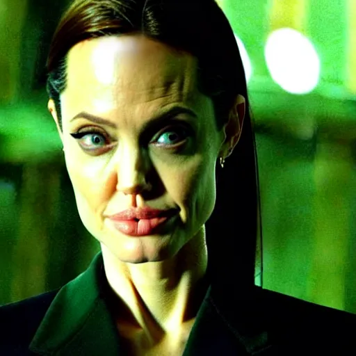 Prompt: close - up of angelina jolie as agent smith in the matrix, movie still frame, promotional image, imax 7 0 mm footage