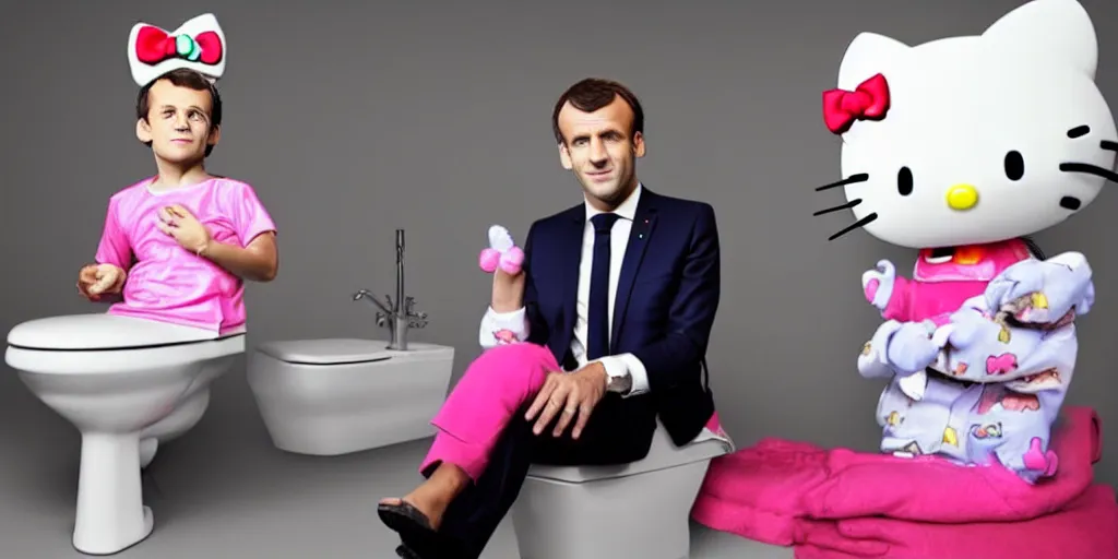 Prompt: picture of emmanuel macron sitting on a toilet, dressed in a hello kitty pajamas, photorealistic, higly detailed, 8 k