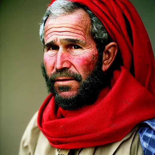 Image similar to portrait of president george w. bush as afghan man, green eyes and red scarf looking intently, photograph by steve mccurry
