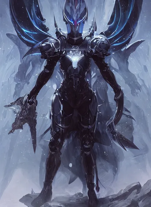 Image similar to dark seraphim knight in light armor wielding a magical lance slaying a sky beast full body silhouette. dark water, cyberpunk pearl armor, futuristic fantasy, highly detailed, digital painting, trending on artstation, concept art, sharp focus, illustration, art by artgerm and nixeu and greg rutkowski and magali villeneuve.