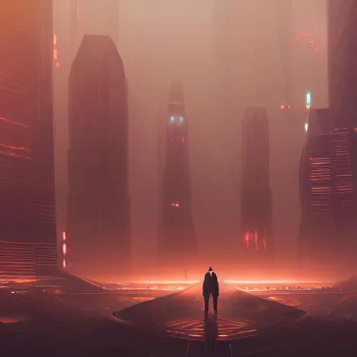 Image similar to cinematic view, giant futuristic cyberpunk spacecraft with small character silhouette in the foreground, blade runner, dense fog, bloom, cinematic lighting, ultra detailed, trending on artstation, dune style, mid tone, denis villeneuve