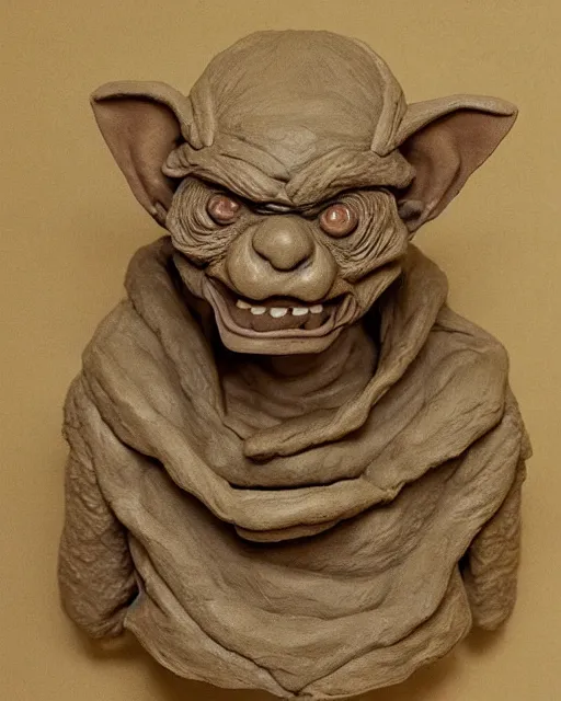Prompt: 'a history textbook page describing a picture of a clay sculpture of a goblin', clay sculpture, photograph, zoomed out, trending on tumblr, textbook page