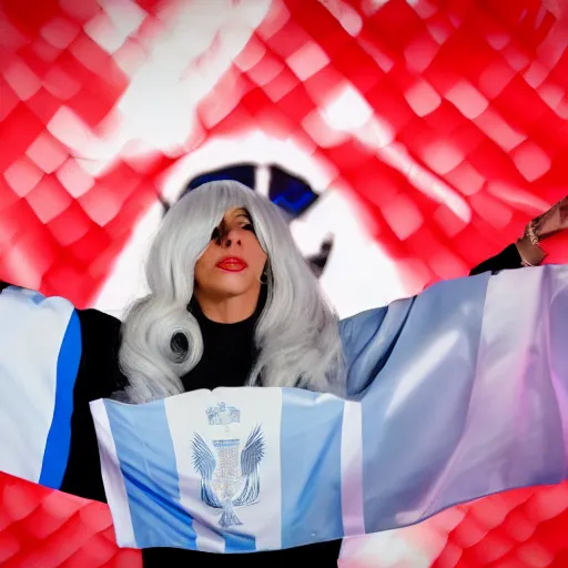 Image similar to Lady Gaga president of Argentina, Argentina flag behind, bokeh, detailed, hd, waving hands