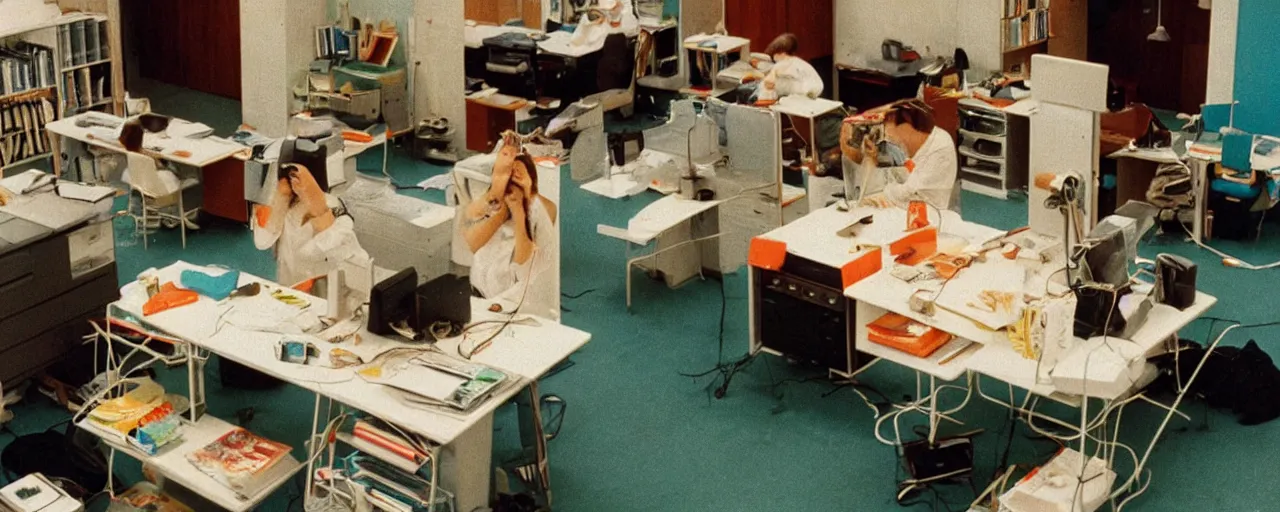 Prompt: security cam footage of someone with their head on spaghetti at their desk, at work, kodachrome, in the style of wes anderson, retro!! no repeat!!