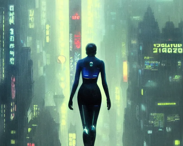 Image similar to 2 0 1 8 blade runner movie still girl look at the cityscape from roof perfect face fine realistic face pretty face reflective polymer suit tight neon puffy jacket blue futuristic sci - fi elegant by denis villeneuve tom anders zorn hans dragan bibin thoma greg rutkowski ismail inceoglu illustrated sand storm alphonse mucha