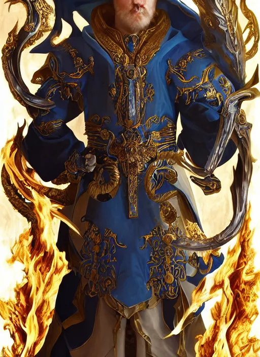 Image similar to high intricate middle aged blue eyed male priest with white baroque armor and black garment fighting a fire demon, maria panfilova, andrea savchenko, mike kime, ludovic plouffe, qi sheng luo, oliver cook, trending on artstation