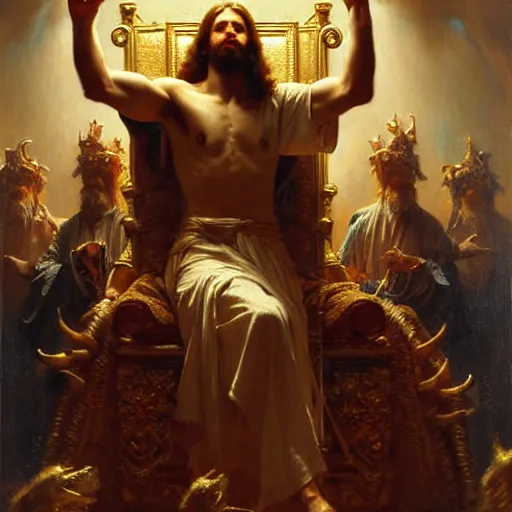 Image similar to full body portrait of blinfolded!!!! jesus christ sitting on a throne of entwined bodies, elegant, highly detailed painting by gaston bussiere, craig mullins, j. c. leyendecker, 8 k, mid shot