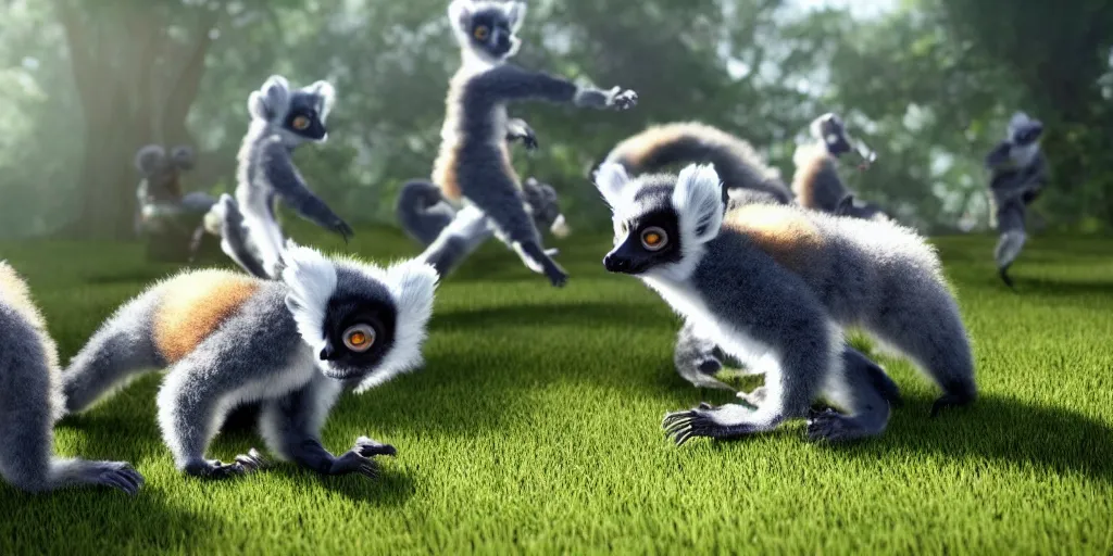 Prompt: a photo of 8k cute Lemurs in a park playing football, cinematic lighting, trending on artstation, 4k, hyperrealistic, focused, extreme details, unreal engine 5, cinematic, masterpiece