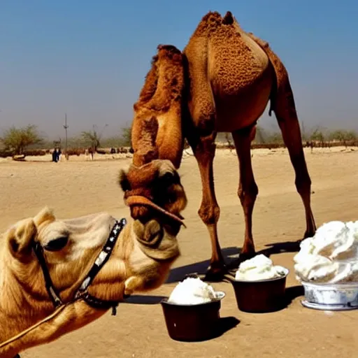 Prompt: camel stealing an ice cream from the hands of a saudi arabian prince