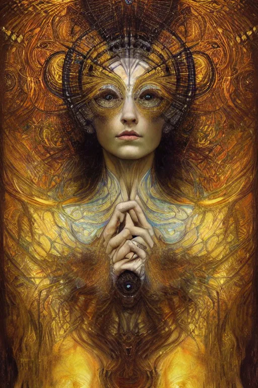 Image similar to Divine Chaos Engine by Karol Bak, Jean Deville, Gustav Klimt, and Vincent Van Gogh, beautiful visionary mystical portrait, sacred, otherworldly, fractal structures, surreal, dreamscape, ornate gilded medieval icon, third eye, spirals