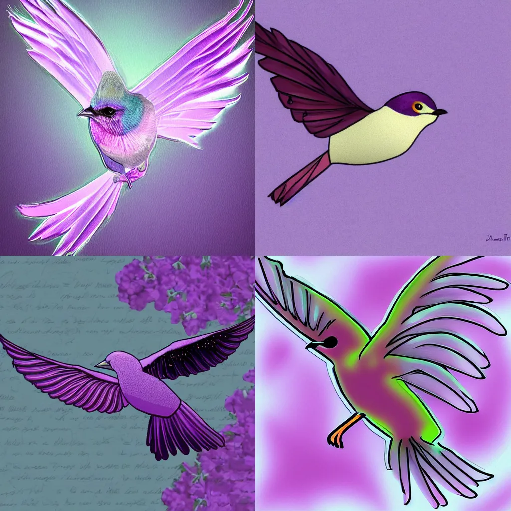 Prompt: A lilac bird flying, on the end of both wings it has a group of small, black feathers, digital art