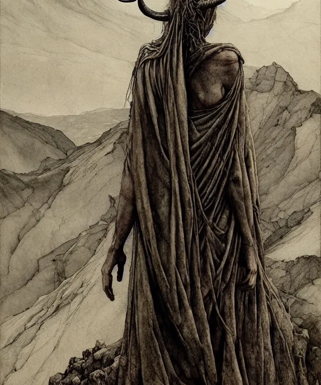 Image similar to A detailed horned goatwoman stands among the hills. Wearing a ripped mantle, robe. Perfect faces, extremely high details, realistic, fantasy art, solo, masterpiece, art by Zdzisław Beksiński, Arthur Rackham, Dariusz Zawadzki