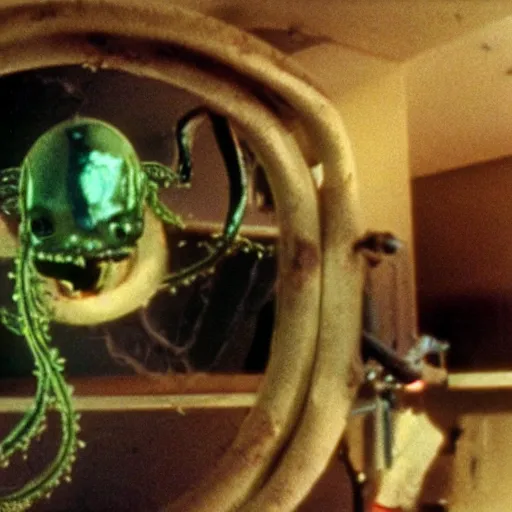 Image similar to filmic extreme realistic wide shot dutch angle movie still 35mm film color photograph of a doctor being decapitated by a spiney alien tendril