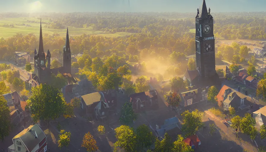 Prompt: midwest town with church, clock tower, square, trees, sunny day, volumetric light, hyperdetailed, artstation, cgsociety, 8 k