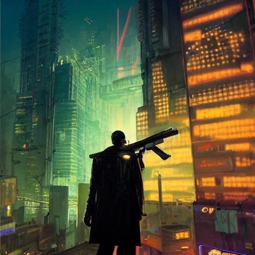 Prompt: a matte painting of a man in a black leather coat holding a gun to the sky in the middle of a cyberpunk city by Wayne Barlowe, night, neon lights,