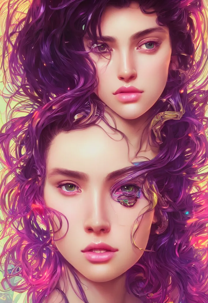Image similar to beautiful, young woman, detailed gorgeous face, vaporwave aesthetic, synthwave, colorful, psychedelic, artstation, concept art, smooth, extremely sharp detail, finely tuned detail, ultra high definition, 8 k, unreal engine 5, ultra sharp focus, illustration, art by artgerm, greg rutkowski and alphonse mucha