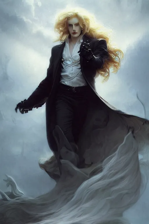 Image similar to johan liebert mixed with alucard picture by Greg Rutkowski, long fluffy blond curly hair, baroque curls, dynamic pose, matte painting, intricate, z brush, fantasy concept art, elegant, by Stanley Artgerm Lau, WLOP, golden ratio, thomas kindkade, alphonse mucha, loish, Peter chung, norman Rockwell,