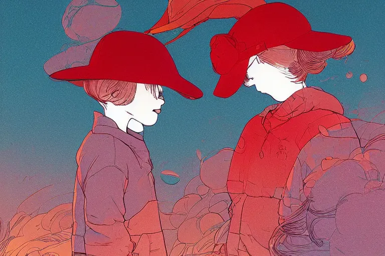 Prompt: a young girl with a red hat on a by moebius and victo ngai and goro fujita and katsuhiro otomo, ultradetailed, clean line, color comics style, dynamic lighting, night