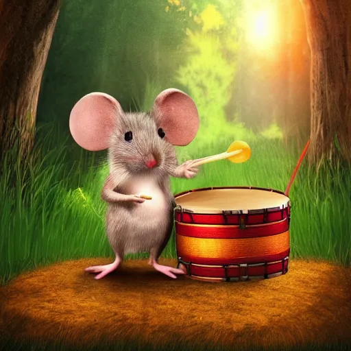 Image similar to mouse with drum, fantasy forrest background, golden hour, digital art, medium shoot