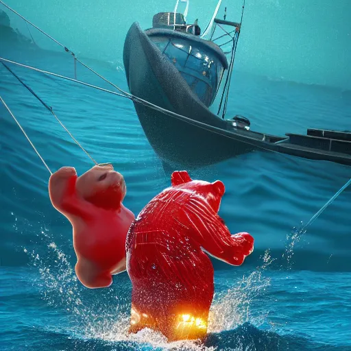 Image similar to life - sized gummi bear is deep sea fishing in a sportfisherman boat. he is fishing for swedish fish candy and using gummi worm candy as bait. photorealistic digital art, epic fantasy, dramatic lighting, cinematic, extremely high detail, cinematic lighting, trending, artstation, cgsociety, 3 d ue 5, 4 k, hq