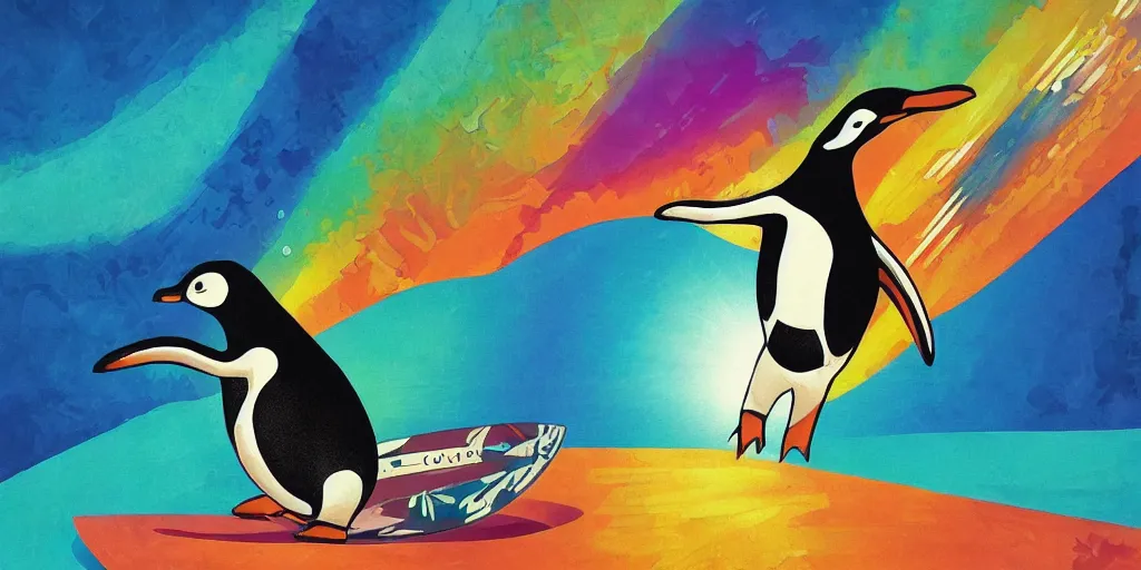 Prompt: a psychedelic surfing penguin, art station, art deco