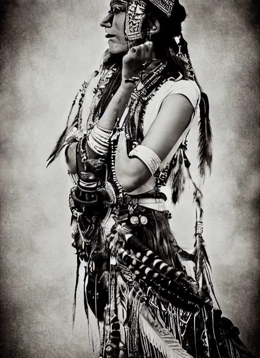 Image similar to old vintage photo of native Indian shaman female on the complex steam punk jet, extreme sports photography , dynamic photography, high speed,dirt and grawel flying in the spot, lens flares, dust in the air, moody lighting, intricate, elegant, highly detailed, centered, smooth, sharp focus, sports photography, old photo, black and white, sepia, cinematic lighting, cinematic angle, national geographic