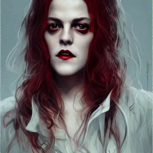 Prompt: portrait of beautiful riley keough as a vampire in bloody business suit, blood red eyes, fantasy, intricate, elegant, highly detailed, by greg rutkowski, cinematic movie poster