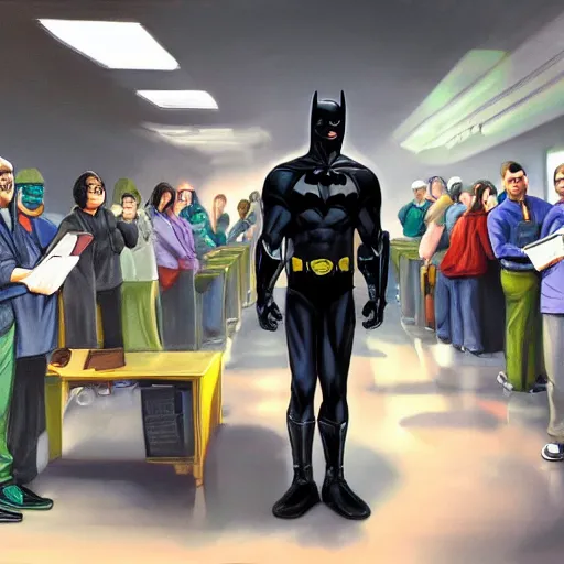 Prompt: batman renewing his driving license at the DMV, stood in a cutback queue, holding papers, fantasy painting, soft lighting, 4k