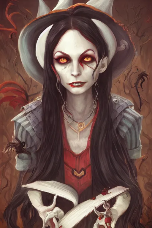 Prompt: portrait of a witch, american mcgee's alice, sharp focus, artstation, trending, by julie dillon, luis melo, tyler miles lockett, lei jin, hong lei, ken wong, adam narozanski, joy ang