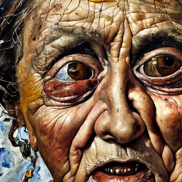 Image similar to an extreme close up portrait a very ordinary old woman with an happy expression, front angle, by Lucian Freud and Jenny Saville and Anselm Kiefer, oil painting, rust, Scaffolding, rusted metal and sunflowers, iron cladding, decay, mixed media, textured, anatomically correct, beautiful perfect face, visible brushstrokes, sharp focus, Highly Detailed, Cinematic Lighting, 8k, HD