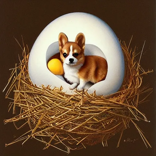 Image similar to concept art of a baby corgi emerging from an egg in a nest, anne geddes