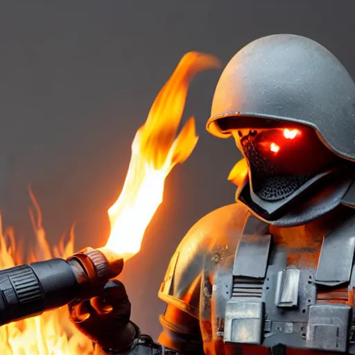 Image similar to angry man in juggernaut armor burning a desktop tower pc with a military flamethrower