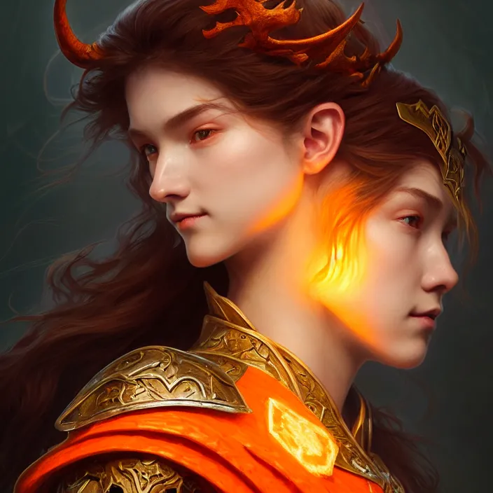 Image similar to head and shoulders portrait of a d & d ranger with her porcelain armor, chinese kangxi orange and white, volumetric lighting, fantasy, intricate, elegant, lifelike, photorealistic, artstation, concept art, sharp focus, by john collier and albert aublet and krenz cushart and artem demura and alphonse mucha