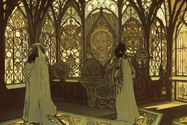 Prompt: gothic castle interior design by alphonse mucha