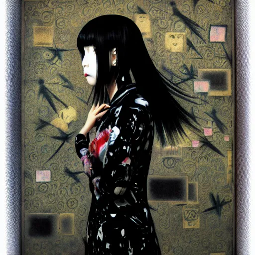 Image similar to yoshitaka amano blurred and dreamy realistic three quarter angle portrait of a young woman with black lipstick and black eyes wearing dress suit with tie, junji ito abstract patterns in the background, satoshi kon anime, noisy film grain effect, highly detailed, renaissance oil painting, weird portrait angle, blurred lost edges