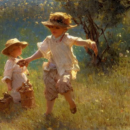 Image similar to detailed wide shot of children playing in the field, spring light, painting by gaston bussiere, craig mullins, j. c. leyendecker