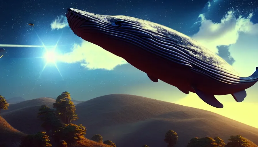 Image similar to highly detailed cinematic scifi render of a flying whale over the tuscany skies, cypresses and hills, stars and planets, hyper detailed, digital art, led lighting, studio quality, smooth render, unreal engine 5, octane render, trending on artstaion.