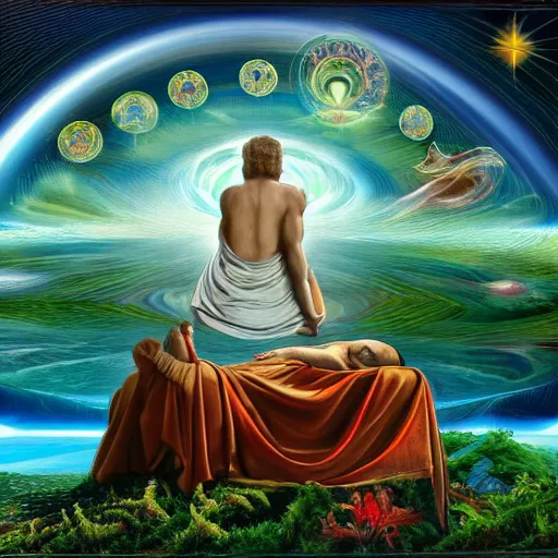 Prompt: the prophet dreaming of divine magical reflections of knowledge encoded in time and space ultra high quality surrealism style of Damien Gilley