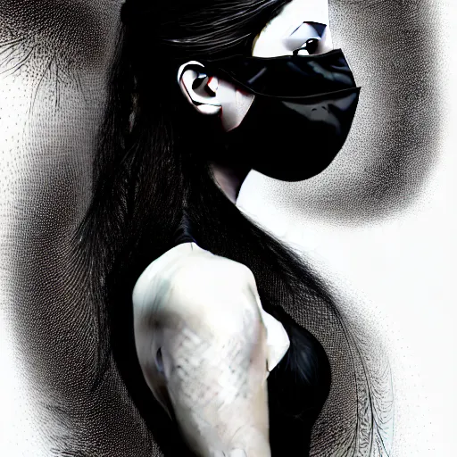 Prompt: portrait of a young beautiful woman with a mask. contemporary photograph and speed painting and fractal and mandelbulb and lines and scribble art. black and white. intricate, elegant, super highly detailed, professional digital painting, artstation, concept art, smooth, sharp focus, no blur, no dof, extreme illustration, Unreal Engine 5, Photorealism, HD quality, 8k resolution, cinema 4d, 3D, beautiful, cinematic