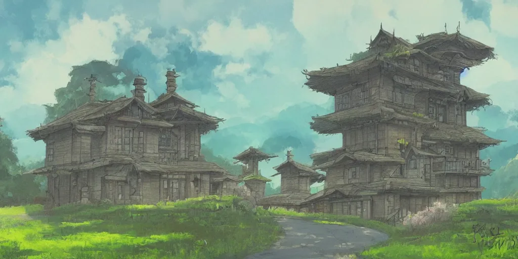 Prompt: a beautiful painting of landscape, mysterious buildings, ghibli style