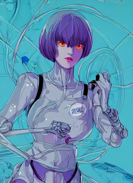 Image similar to a ultra beautiful detailed line art illustration of rei ayanami, centered, by dan mumford and moebius and beeple, trending on artstation, pastel color, dim dusk lighting, cinematic lighting, detailed lighting, volumetric lighting, realistic, f 8, 4 k hd wallpaper, poster, yellow and purple color scheme