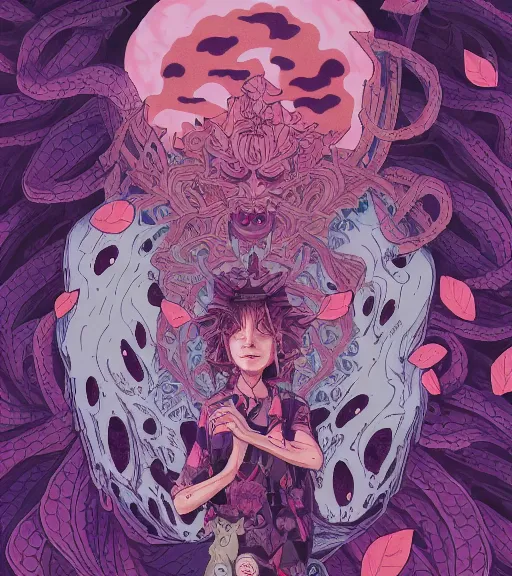 Prompt: portrait, nightmare anomalies, leaves with susanoo by miyazaki, violet and pink and white palette, illustration, kenneth blom, mental alchemy, james jean, pablo amaringo, naudline pierre, contemporary art, hyper detailed