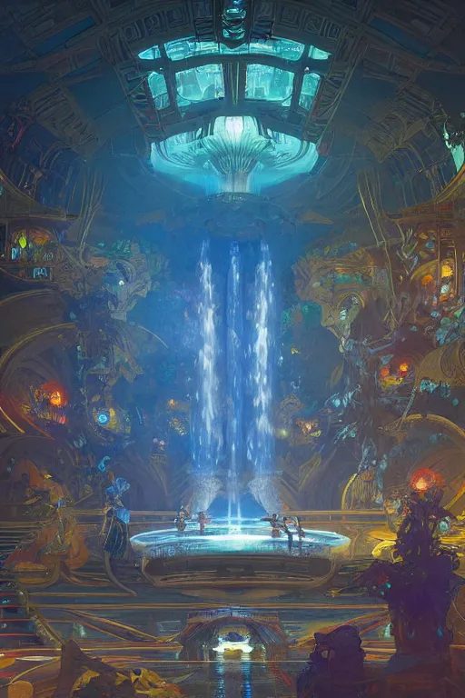 Image similar to Concept Digital Art Highly detailed Alien Art Deco Cybertron lazy river inside of the Palace of the Primes with glowing blue water at night by greg rutkowski, Ilya repin, alphonse mucha, and Edmund Blair Leighton. Very highly detailed 8K, octane, Digital painting, the golden ratio, rational painting