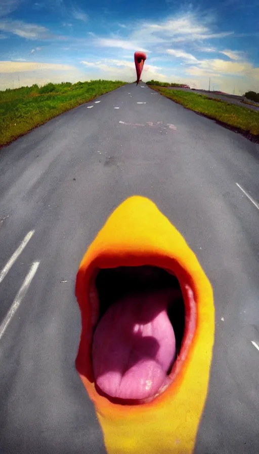 Image similar to phone photo of a giant mouth open on an asphalt road, realistic photo, gopro, looming, colorful, eerie