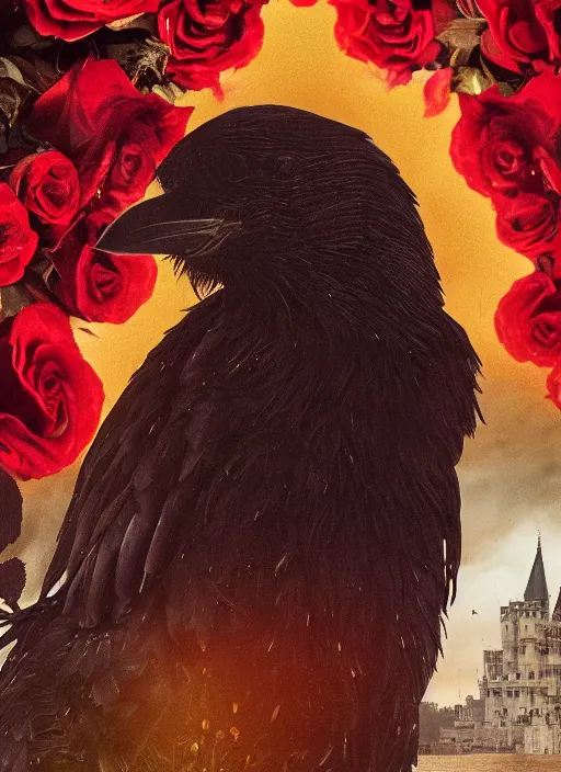 Prompt: red and golden color details, portrait, A crow with red eyes in front of the full big moon, book cover, red roses, red white black colors, establishing shot, extremly high detail, foto realistic, cinematic lighting, castle in the background, by Yoshitaka Amano, Ruan Jia, Kentaro Miura, Artgerm, post processed, concept art, artstation, raphael lacoste, alex ross, portrait, A crow with red eyes in front of the full big moon, book cover, red roses, red white black colors, establishing shot, extremly high detail, photo-realistic, cinematic lighting, by Yoshitaka Amano, Ruan Jia, Kentaro Miura, Artgerm, post processed, concept art, artstation, raphael lacoste, alex ross