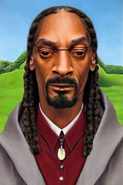 Image similar to ultra realistic snoop dogg as Gandalf, face portrait in the style of grant wood