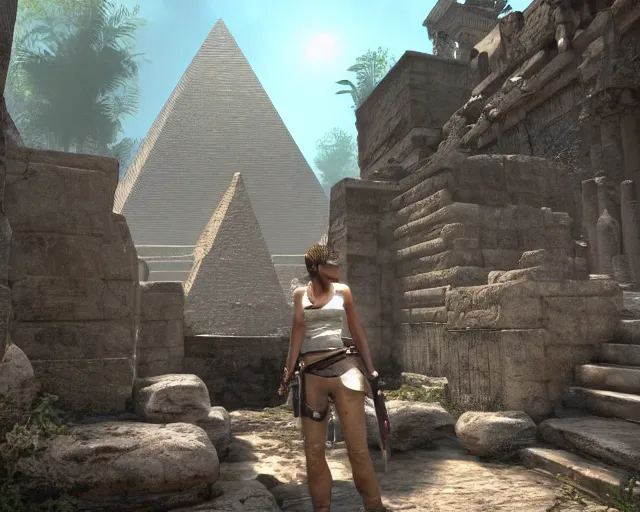 Image similar to screenshot of tomb raider ps 5, an ancient undiscovered egyptian treasure room entirely made of shiny gold, full of ingots and gems and precious, concept art, architecture design, pyramids style, rtx, nvidia, renderer