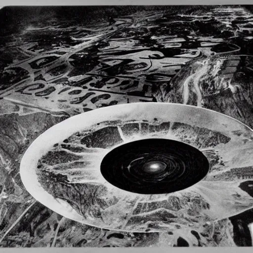 Image similar to old photograph from a strange alien city, hollow earth, black and white