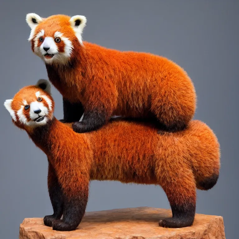 Image similar to hyperrealistic sculpture of the fossilized remains of a giant red panda with some flesh attached on a pedestal by ron mueck and duane hanson and damien hirst, hyperrealistic dramatic colored lighting trending on artstation 8 k