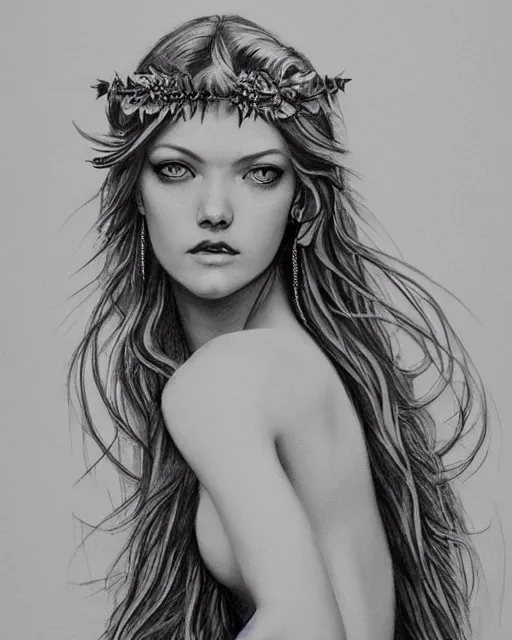 Image similar to realism tattoo sketch of lindsay ellingson as a beautiful greek goddess aphrodite with piercing eyes wearing a laurel wreath and triangle earrings, in the style of greg rutkowski, amazing detail